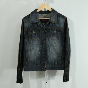 BCBG Max Azria Denim Jacket with Faux Leather Moto Sleeves Women’s large